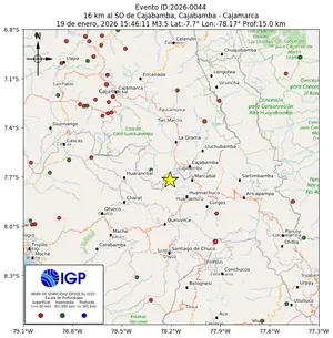 Mapa sísmico del sismo de magnitud 3.5 a 16 km al SO de Cajabamba, Cajabamba - Cajamarca, Perú
