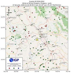 Mapa sísmico del sismo de magnitud 3.5 a 16 km al SO de Chupaca, Chupaca - Junín, Perú
