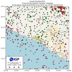 Mapa sísmico del sismo de magnitud 3.5 a 17 km al E de Camaná, Camaná - Arequipa, Perú