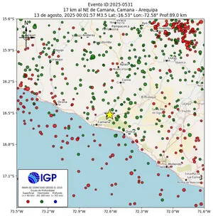 Mapa sísmico del sismo de magnitud 3.5 a 17 km al NE de Camana, Camana - Arequipa, Perú