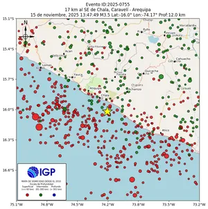Mapa sísmico del sismo de magnitud 3.5 a 17 km al SE de Chala, Caravelí - Arequipa, Perú