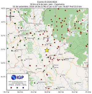 Mapa sísmico del sismo de magnitud 3.5 a 18 km al N de Jaén, Jaén - Cajamarca, Perú