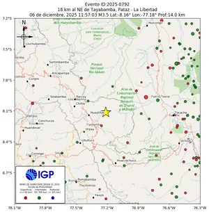 Mapa sísmico del sismo de magnitud 3.5 a 18 km al NE de Tayabamba, Pataz - La Libertad, Perú