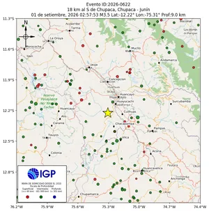Mapa sísmico del sismo de magnitud 3.5 a 18 km al S de Chupaca, Chupaca - Junín, Perú