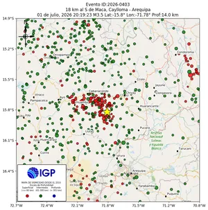 Mapa sísmico del sismo de magnitud 3.5 a 18 km al S de Maca, Caylloma - Arequipa, Perú