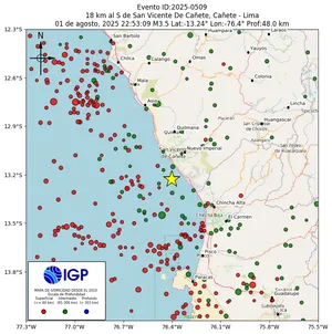 Mapa sísmico del sismo de magnitud 3.5 a 18 km al S de San Vicente De Cañete, Cañete - Lima, Perú