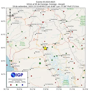 Mapa sísmico del sismo de magnitud 3.5 a 18 km al SE de Corongo, Corongo - Ancash, Perú