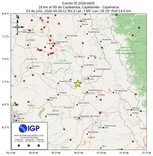Mapa sísmico del sismo de magnitud 3.5 a 18 km al SO de Cajabamba, Cajabamba - Cajamarca, Perú