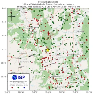 Mapa sísmico del sismo de magnitud 3.5 a 18 km al SO de Codo del Pozuzo, Puerto Inca - Huánuco, Perú