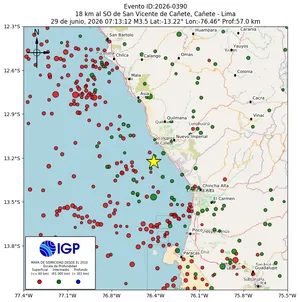 Mapa sísmico del sismo de magnitud 3.5 a 18 km al SO de San Vicente de Cañete, Cañete - Lima, Perú