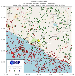 Mapa sísmico del sismo de magnitud 3.5 a 19 km al NE de Chala, Caravelí - Arequipa, Perú