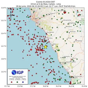 Mapa sísmico del sismo de magnitud 3.5 a 19 km al O de Mala, Cañete - Lima, Perú