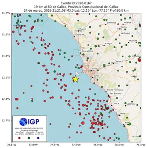 Mapa sísmico del sismo de magnitud 3.5 a 19 km al SO de Callao, Provincia Constitucional del Callao, Perú