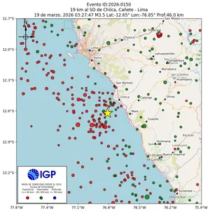 Mapa sísmico del sismo de magnitud 3.5 a 19 km al SO de Chilca, Cañete - Lima, Perú