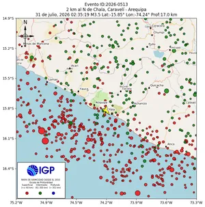 Mapa sísmico del sismo de magnitud 3.5 a 2 km al N de Chala, Caravelí - Arequipa, Perú