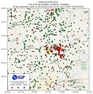 Mapa sísmico del sismo de magnitud 3.5 a 2 km al SE de Huambo, Caylloma - Arequipa, Perú