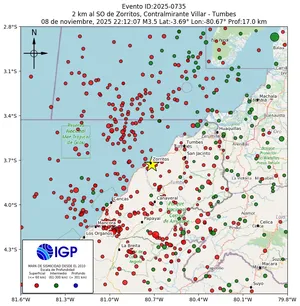 Mapa sísmico del sismo de magnitud 3.5 a 2 km al SO de Zorritos, Contralmirante Villar - Tumbes, Perú