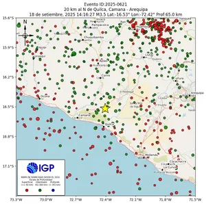 Mapa sísmico del sismo de magnitud 3.5 a 20 km al N de Quilca, Camana - Arequipa, Perú