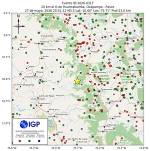 Mapa sísmico del sismo de magnitud 3.5 a 20 km al O de Huancabamba, Oxapampa - Pasco, Perú