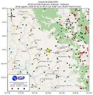 Mapa sísmico del sismo de magnitud 3.5 a 20 km al O de Huánuco, Huánuco - Huánuco, Perú