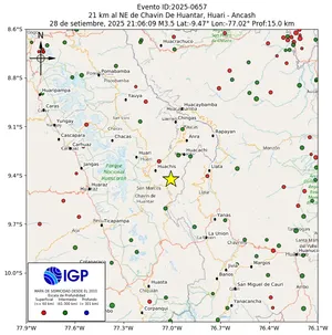Mapa sísmico del sismo de magnitud 3.5 a 21 km al NE de Chavin De Huantar, Huari - Ancash, Perú