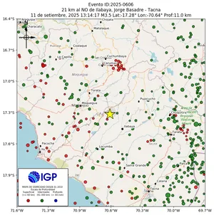 Mapa sísmico del sismo de magnitud 3.5 a 21 km al NO de Ilabaya, Jorge Basadre - Tacna, Perú