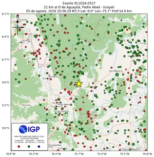 Mapa sísmico del sismo de magnitud 3.5 a 21 km al O de Aguaytía, Padre Abad - Ucayali, Perú