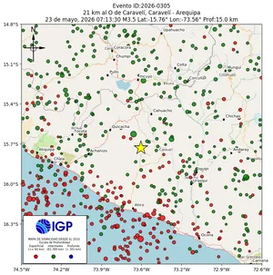 Mapa sísmico del sismo de magnitud 3.5 a 21 km al O de Caravelí, Caravelí - Arequipa, Perú