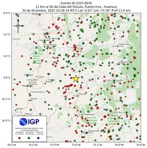 Mapa sísmico del sismo de magnitud 3.5 a 21 km al SO de Codo del Pozuzo, Puerto Inca - Huánuco, Perú