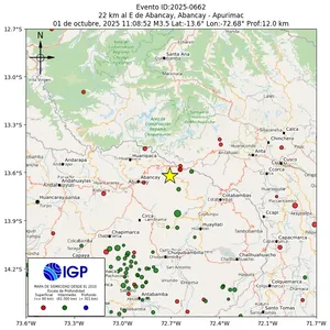 Mapa sísmico del sismo de magnitud 3.5 a 22 km al E de Abancay, Abancay - Apurimac, Perú