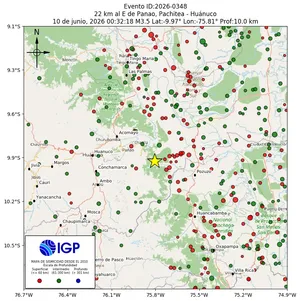 Mapa sísmico del sismo de magnitud 3.5 a 22 km al E de Panao, Pachitea - Huánuco, Perú