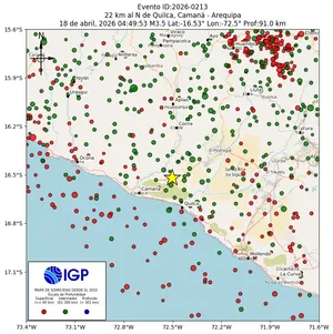 Mapa sísmico del sismo de magnitud 3.5 a 22 km al N de Quilca, Camaná - Arequipa, Perú