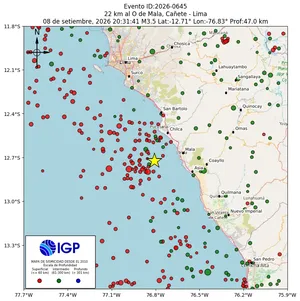 Mapa sísmico del sismo de magnitud 3.5 a 22 km al O de Mala, Cañete - Lima, Perú