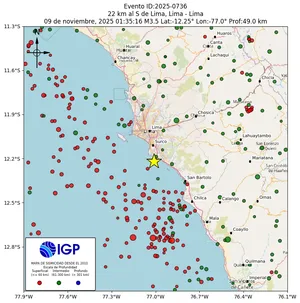 Mapa sísmico del sismo de magnitud 3.5 a 22 km al S de Lima, Lima - Lima, Perú