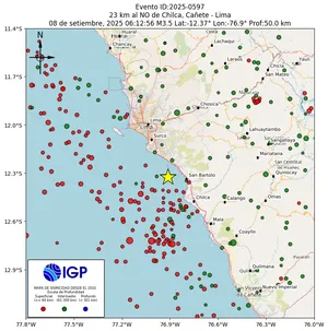 Mapa sísmico del sismo de magnitud 3.5 a 23 km al NO de Chilca, Cañete - Lima, Perú