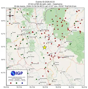 Mapa sísmico del sismo de magnitud 3.5 a 23 km al NO de Jaén, Jaén - Cajamarca, Perú