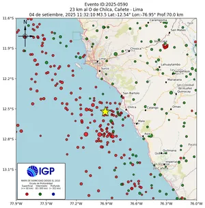 Mapa sísmico del sismo de magnitud 3.5 a 23 km al O de Chilca, Cañete - Lima, Perú