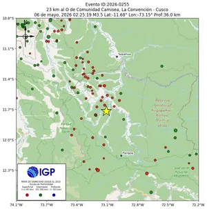 Mapa sísmico del sismo de magnitud 3.5 a 23 km al O de Comunidad Camisea, La Convención - Cusco, Perú