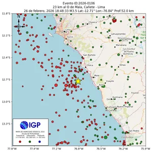Mapa sísmico del sismo de magnitud 3.5 a 23 km al O de Mala, Cañete - Lima, Perú