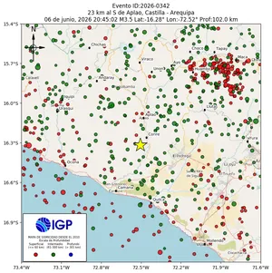 Mapa sísmico del sismo de magnitud 3.5 a 23 km al S de Aplao, Castilla - Arequipa, Perú