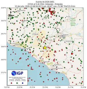 Mapa sísmico del sismo de magnitud 3.5 a 23 km al S de Vitor, Arequipa - Arequipa, Perú