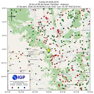 Mapa sísmico del sismo de magnitud 3.5 a 24 km al NE de Panao, Pachitea - Huánuco, Perú