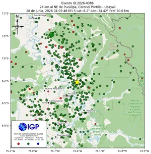 Mapa sísmico del sismo de magnitud 3.5 a 24 km al NE de Pucallpa, Coronel Portillo - Ucayali, Perú