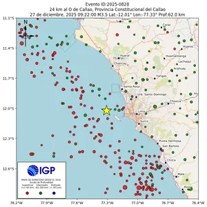 Mapa sísmico del sismo de magnitud 3.5 a 24 km al O de Callao, Provincia Constitucional del Callao, Perú