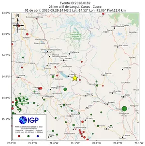 Mapa sísmico del sismo de magnitud 3.5 a 25 km al E de Langui, Canas - Cusco, Perú