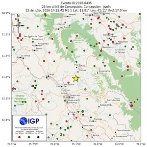 Mapa sísmico del sismo de magnitud 3.5 a 25 km al NE de Concepción, Concepción - Junín, Perú