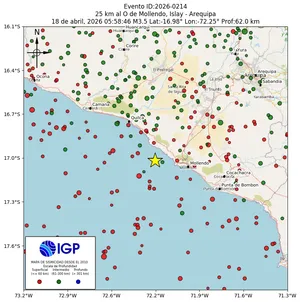 Mapa sísmico del sismo de magnitud 3.5 a 25 km al O de Mollendo, Islay - Arequipa, Perú