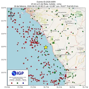 Mapa sísmico del sismo de magnitud 3.5 a 25 km al S de Mala, Cañete - Lima, Perú