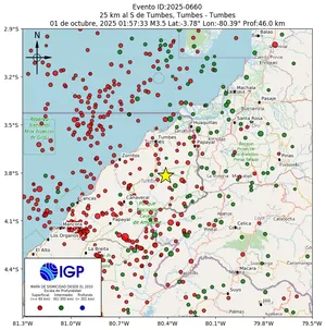 Mapa sísmico del sismo de magnitud 3.5 a 25 km al S de Tumbes, Tumbes - Tumbes, Perú