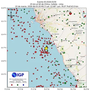Mapa sísmico del sismo de magnitud 3.5 a 25 km al SO de Chilca, Cañete - Lima, Perú